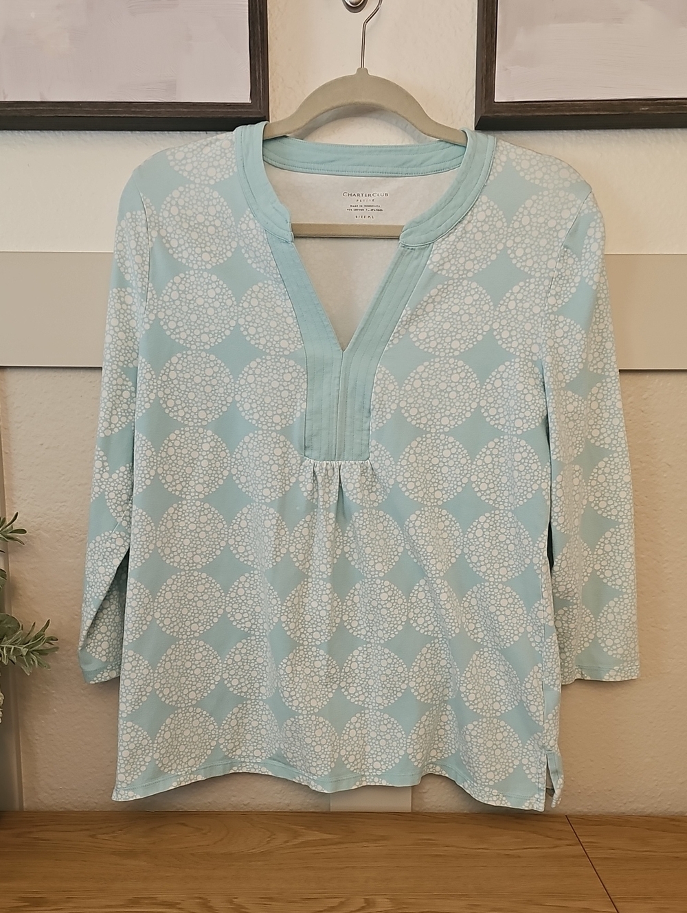 Charter Club Pale Blue & White Printed Split-Neck Tunic